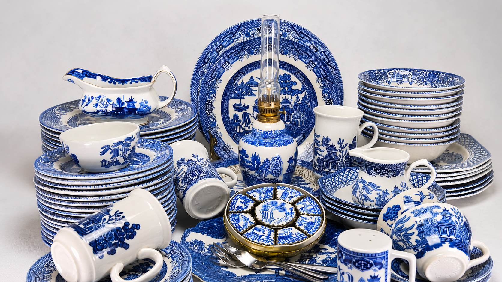 Blue and white porcelain vase styled on a console table in a modern home interior
