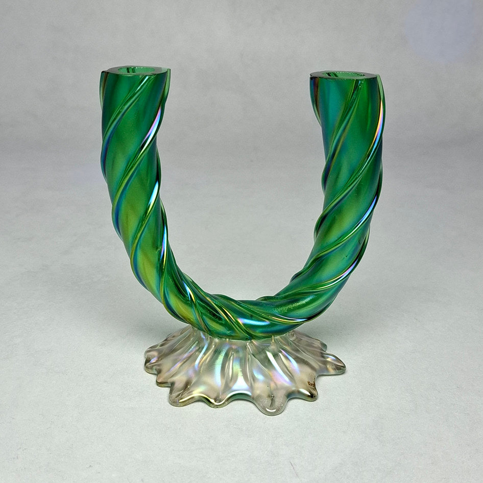 Attributed Kralik Art Nouveau iridescent green glass twin U-stem vase with applied spiral trailing and flared opalescent scalloped base, showing the characteristic colour shift between emerald, blue and gold