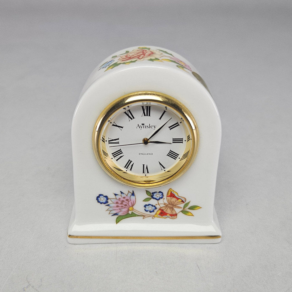 Aynsley Cottage Garden fine bone china miniature mantel clock with floral and butterfly decoration and gold bezel, made in England