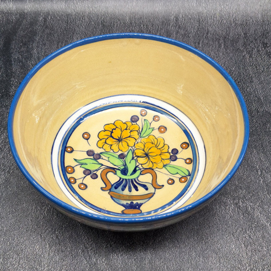 Jan du Toit South African hand-painted pottery deep bowl with yellow floral vase motif and blue rim