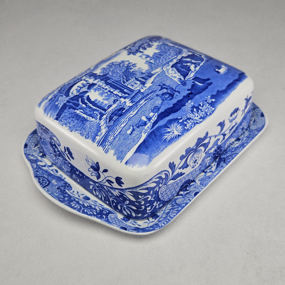 Spode Blue Italian rectangular covered butter dish with underplate showing the classic blue and white transferware pattern with Italian landscape scene