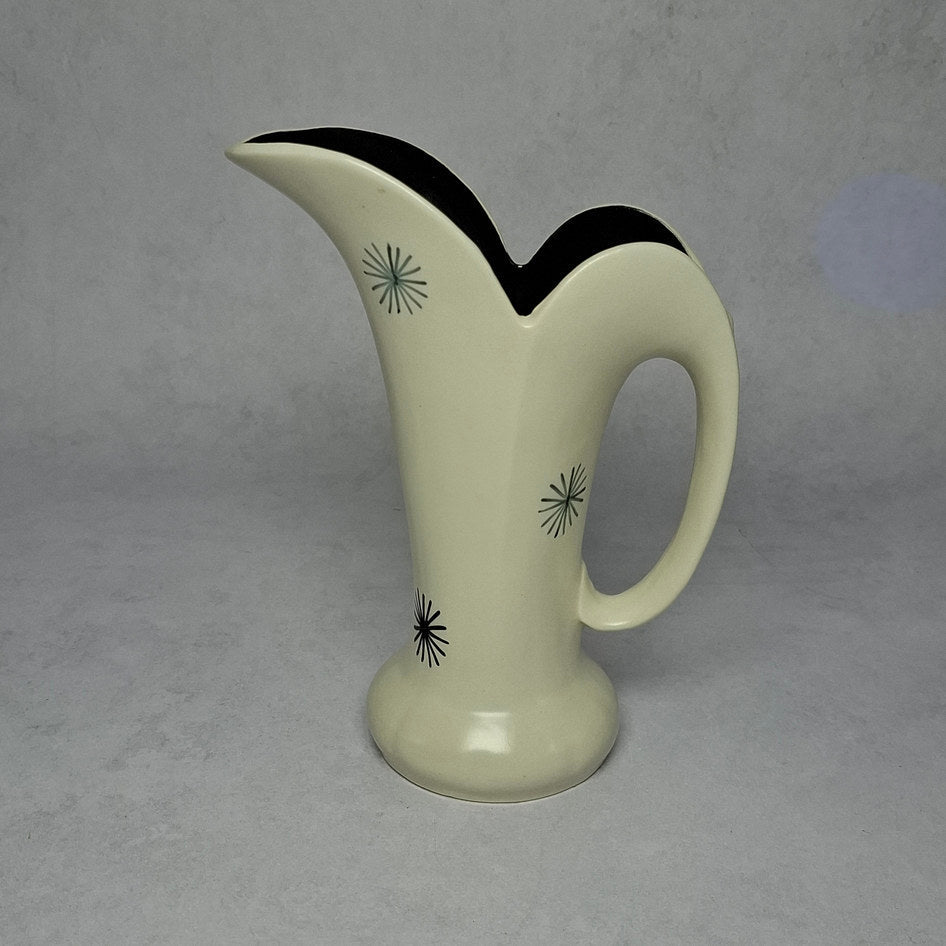 Vintage Burleigh Ware Starburst cream and black ceramic ewer by Burgess and Leigh England with mid-century atomic starburst motifs