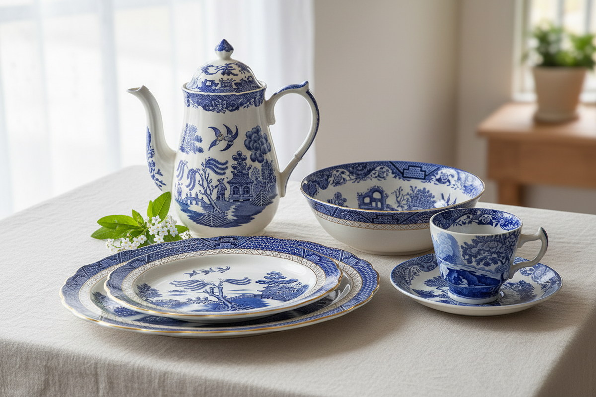 Blue and white English transferware and Spode tableware arranged on a linen dining table
