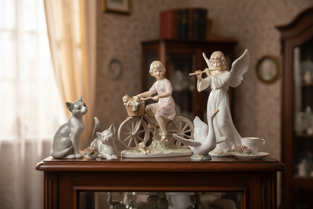 Vintage porcelain and ceramic figurines arranged on a softly lit collector's shelf