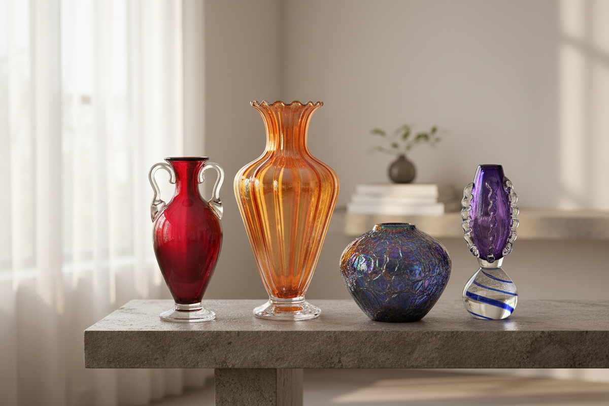 Colourful vintage glass vases arranged on a stone console in soft natural window light