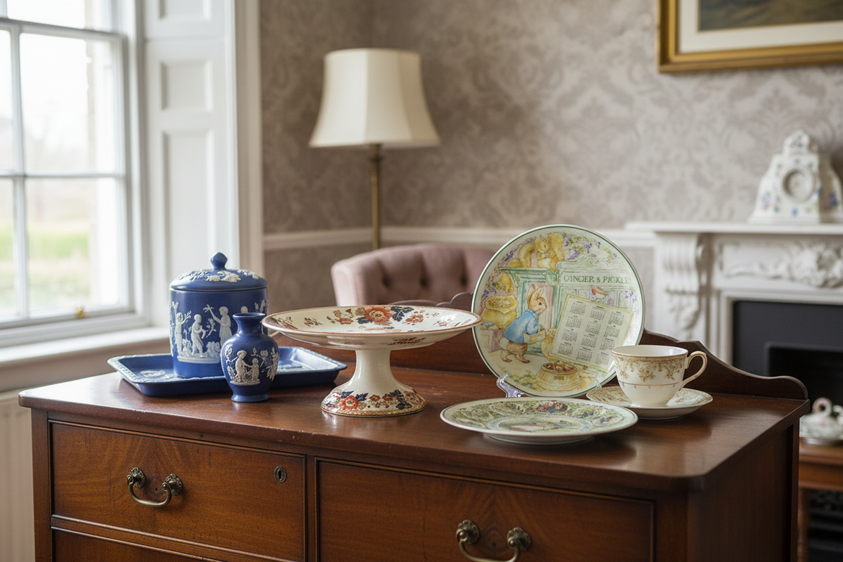 Wedgwood jasperware and fine bone china arranged on an English sideboard in soft daylight