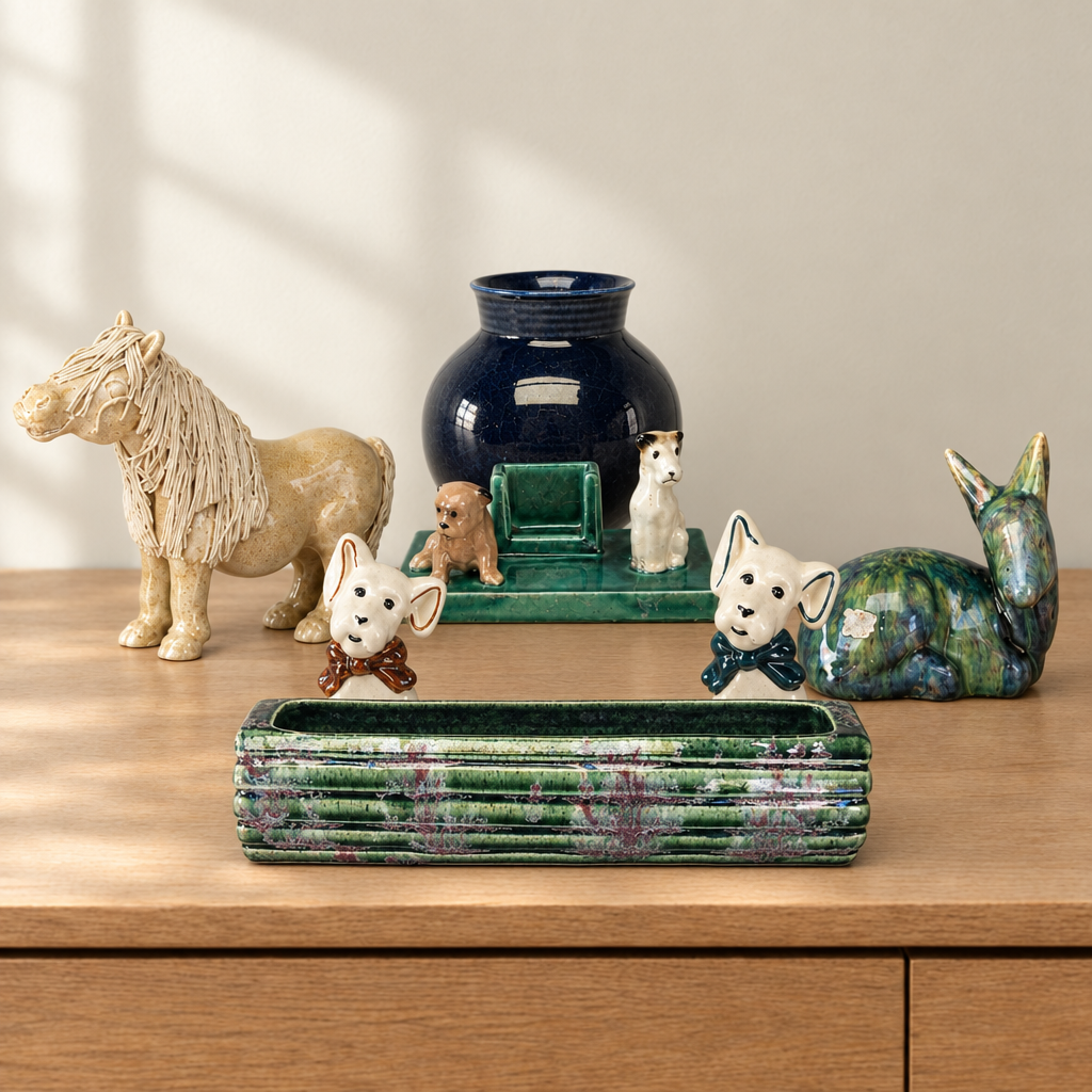 South African ceramics on a wooden sideboard: Drostdy trough, cobalt vase and dogs, Vermont matchbox holder, Flora Ann deer and tan Cheval pony.