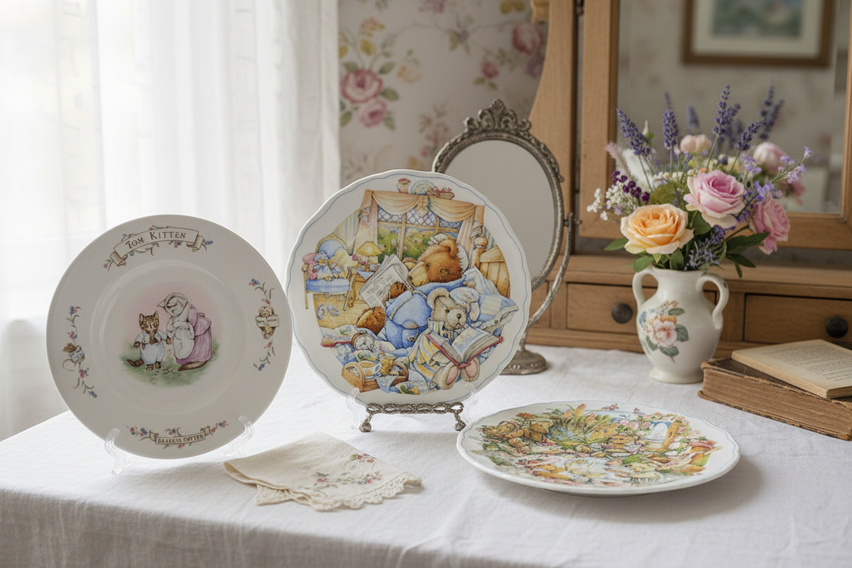 Royal Albert bone china plates arranged on a linen-covered English dressing table
