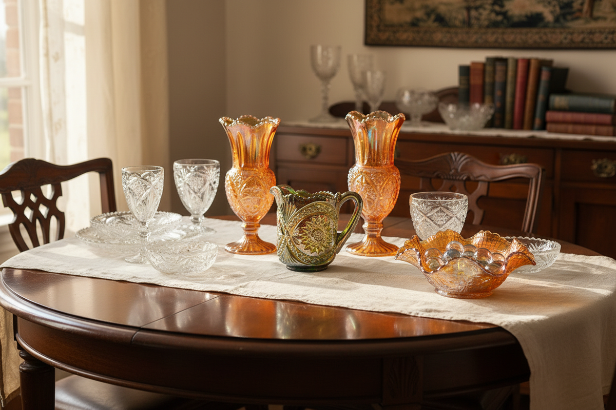 Antique and vintage crystal, pressed glass and carnival glass arranged on a sunlit dining table