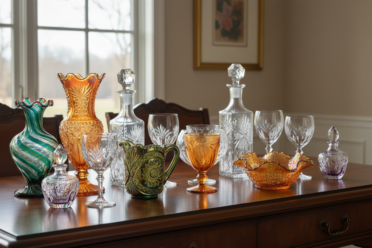 Vintage carnival glass, crystal and art glass arranged on a polished dining sideboard