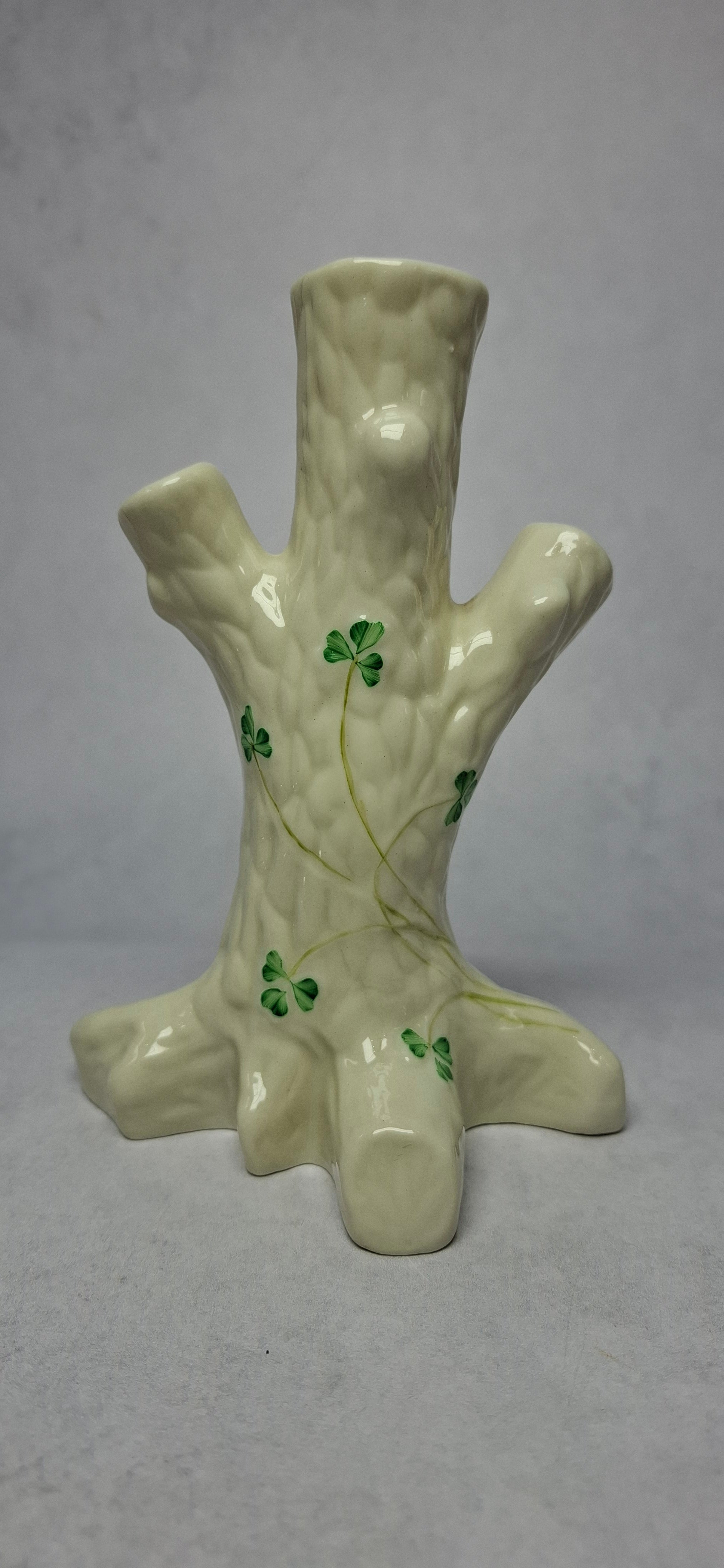 Vintage Tree Stump Vase in Soft Cream with Shamrock Motif, Marked Belleek Ireland