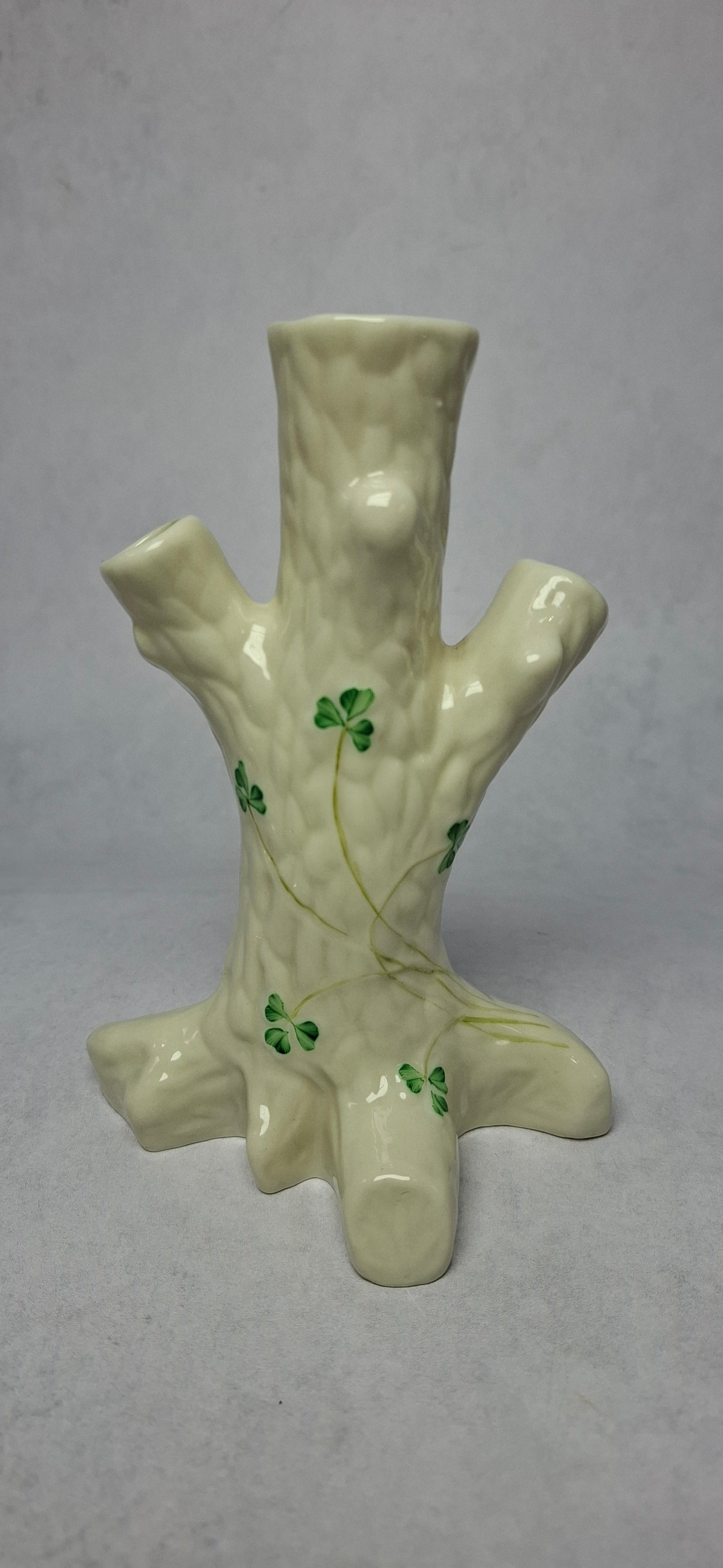 Vintage Tree Stump Vase in Soft Cream with Shamrock Motif, Marked Belleek Ireland
