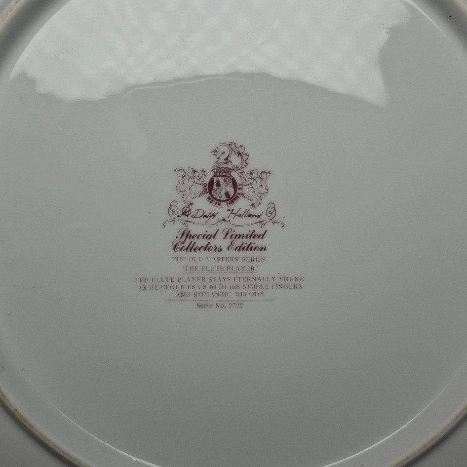 Delft Holland The Flute Player Old Masters Limited Collector’s Plate