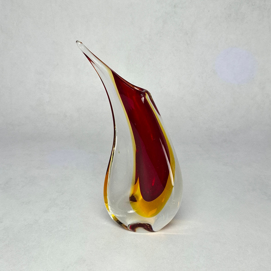Murano-Style Amber Red and Clear Sommerso Art Glass Teardrop Vase
