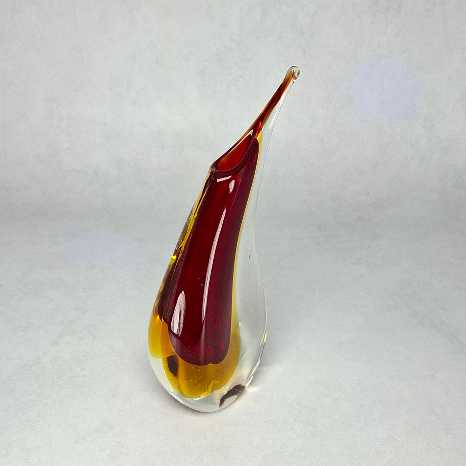 Murano-Style Amber Red and Clear Sommerso Art Glass Teardrop Vase