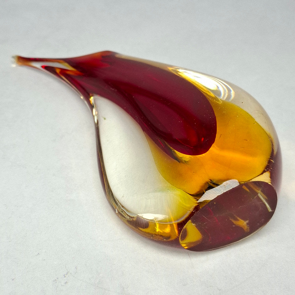 Murano-Style Amber Red and Clear Sommerso Art Glass Teardrop Vase