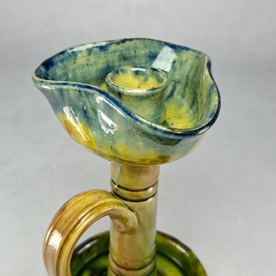 Antique Belgian Drip Glaze Studio Pottery Chamberstick Candle Holder