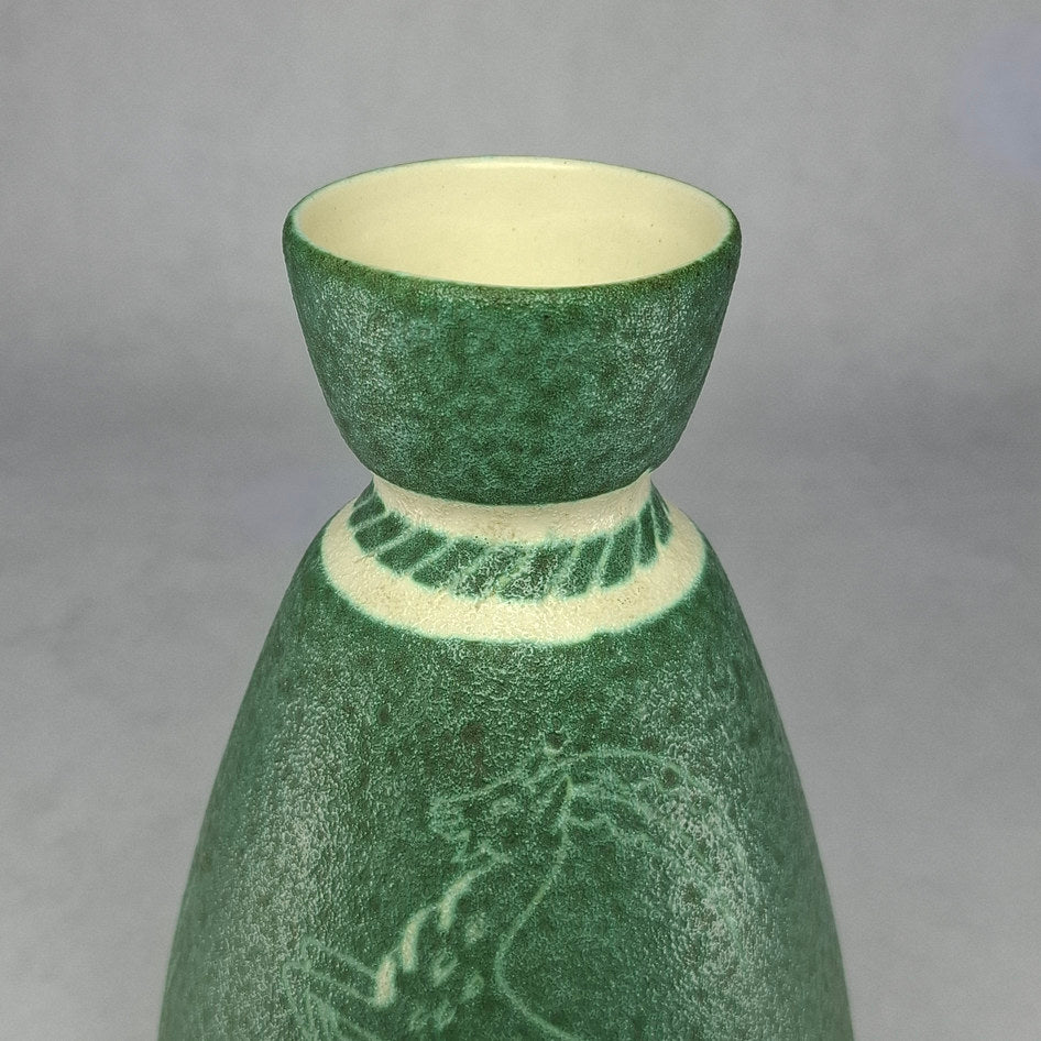Gmundner Keramik Sage Green Sgraffito Gazelle Stoneware Vase
