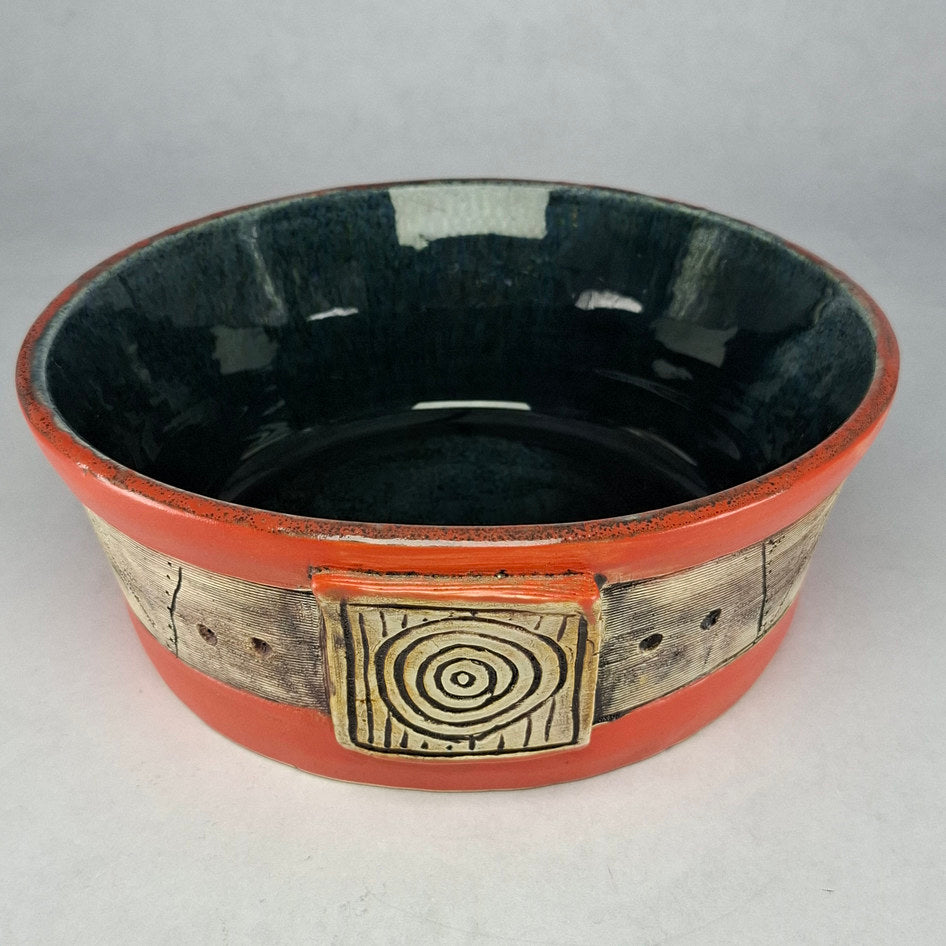 Studio Pottery Terracotta and Teal Geometric Bowl Signed Lisa