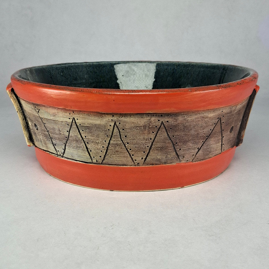 Studio Pottery Terracotta and Teal Geometric Bowl Signed Lisa