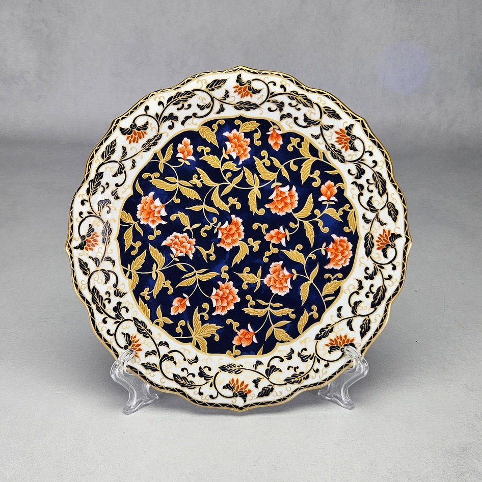Anisa cobalt floral side plate with coral flowers and gold foliage