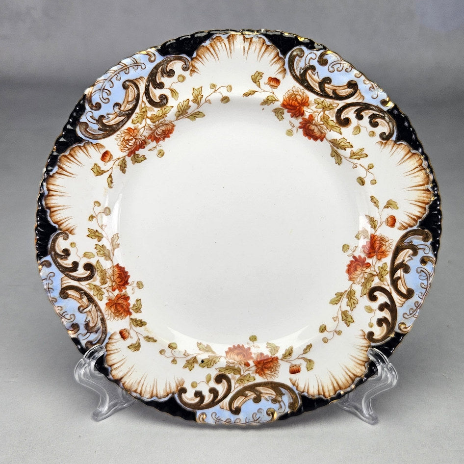 Aynsley floral scalloped side plate showing orange flowers and blue panels