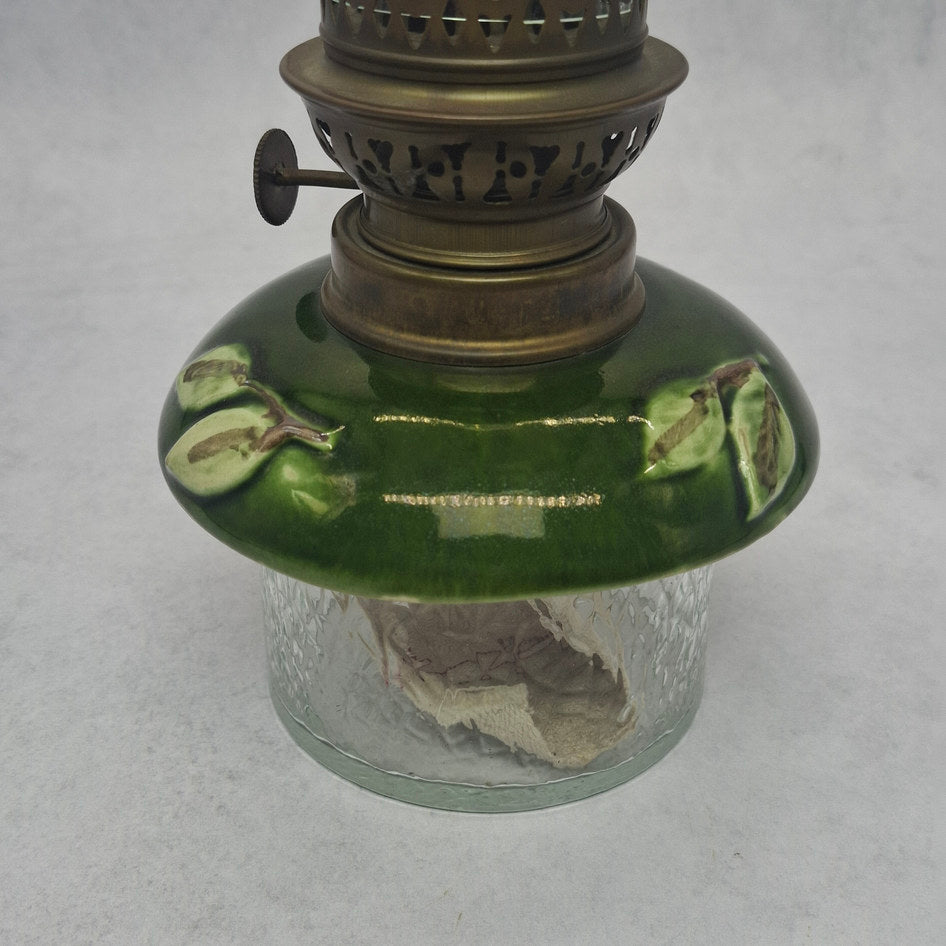 Antique Brass Kerosene Oil Lamp with Green Majolica Ceramic Cover and Glass Base