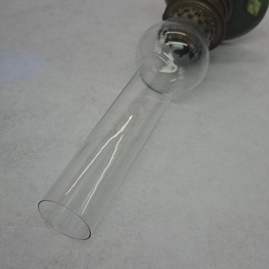 Antique Brass Kerosene Oil Lamp with Green Majolica Ceramic Cover and Glass Base