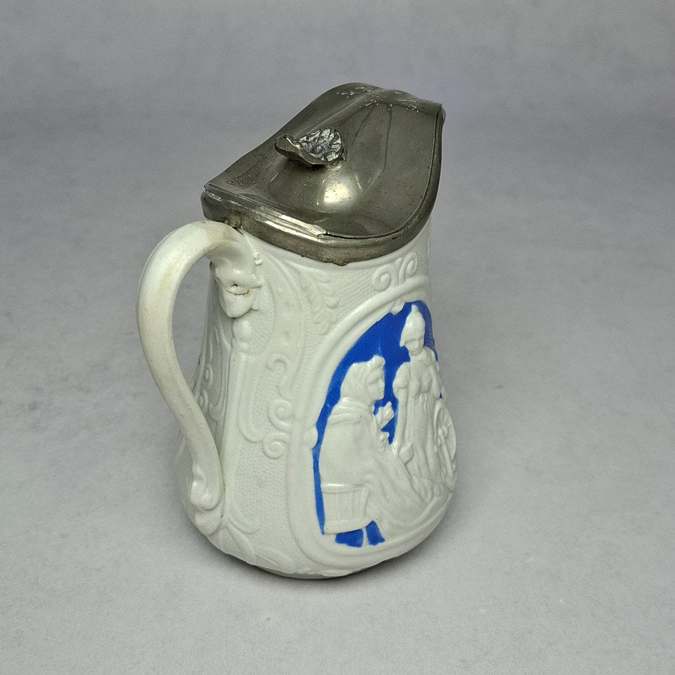 Antique English Blue and White Parian Ware Jug with Metal Lid