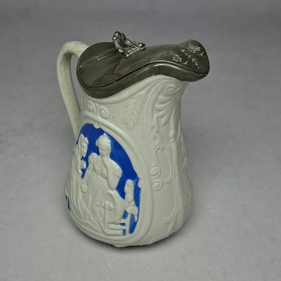 Antique English Blue and White Parian Ware Jug with Metal Lid