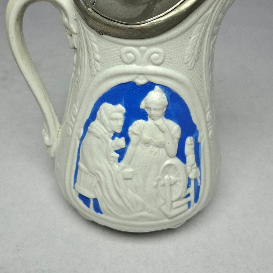 Antique English Blue and White Parian Ware Jug with Metal Lid