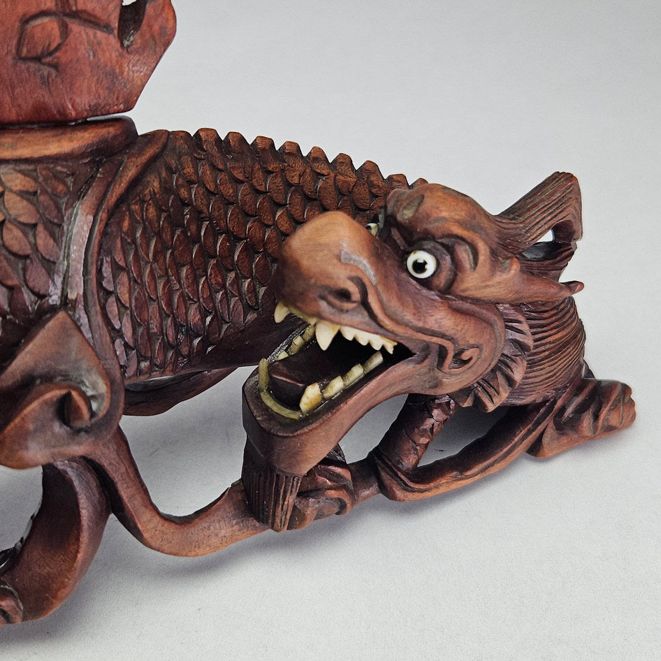 Antique Hand-Carved Rosewood Dragon Incense Burner Sculpture