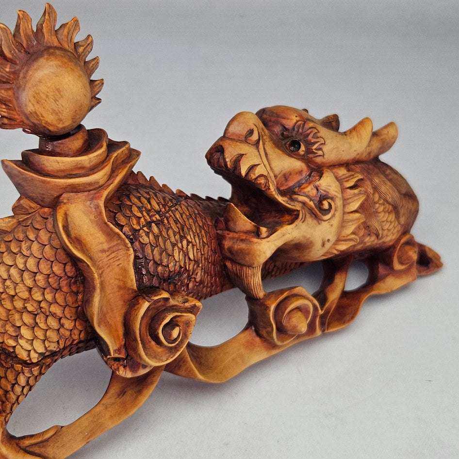 Antique Hand-Carved Wooden Water Dragon Incense Burner Sculpture