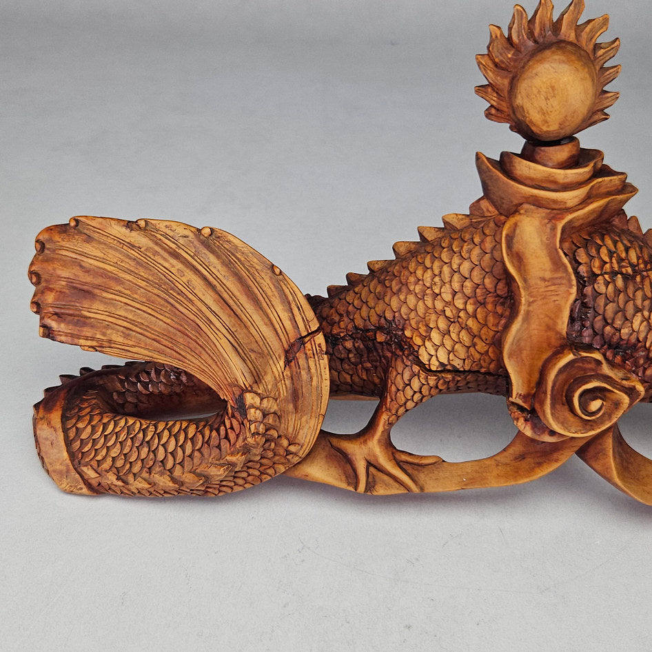 Antique Hand-Carved Wooden Water Dragon Incense Burner Sculpture