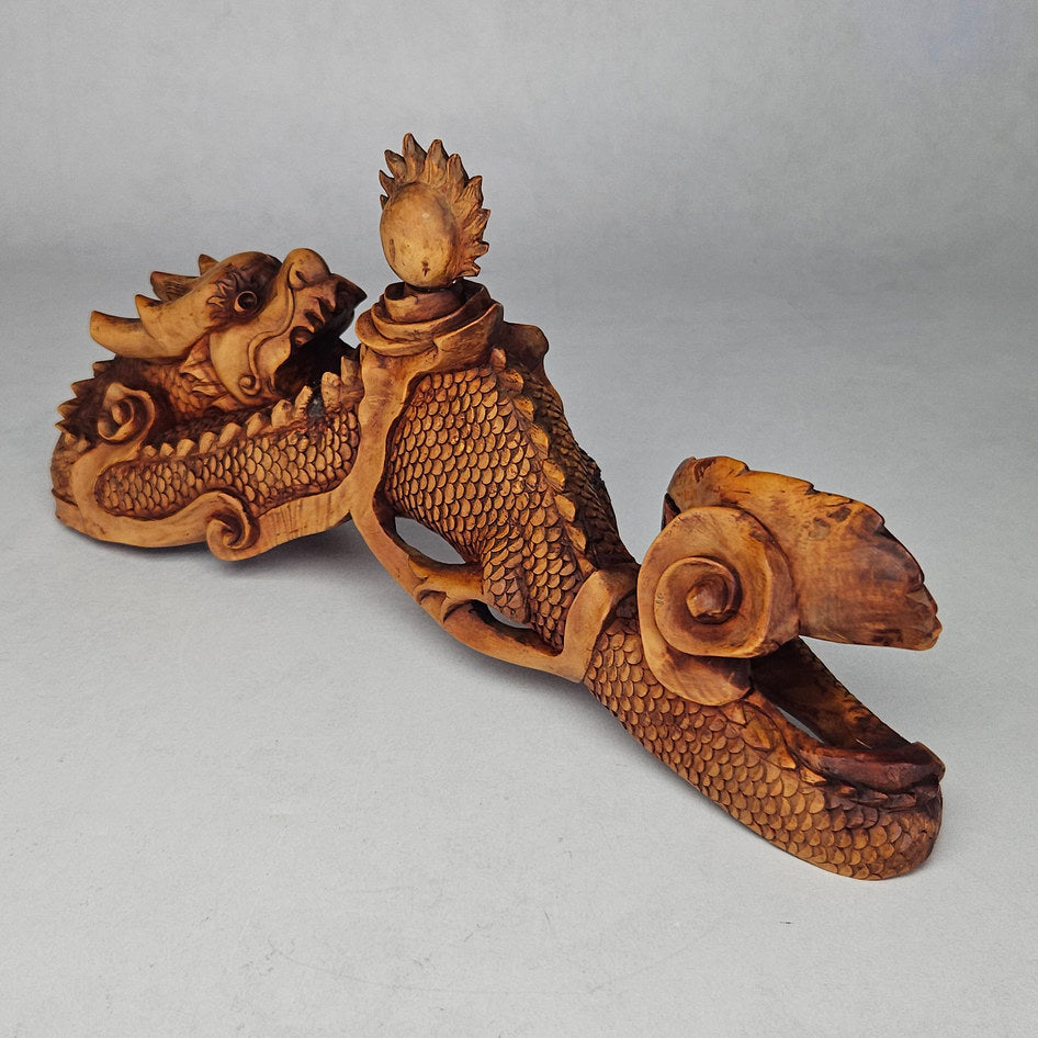Antique Hand-Carved Wooden Water Dragon Incense Burner Sculpture