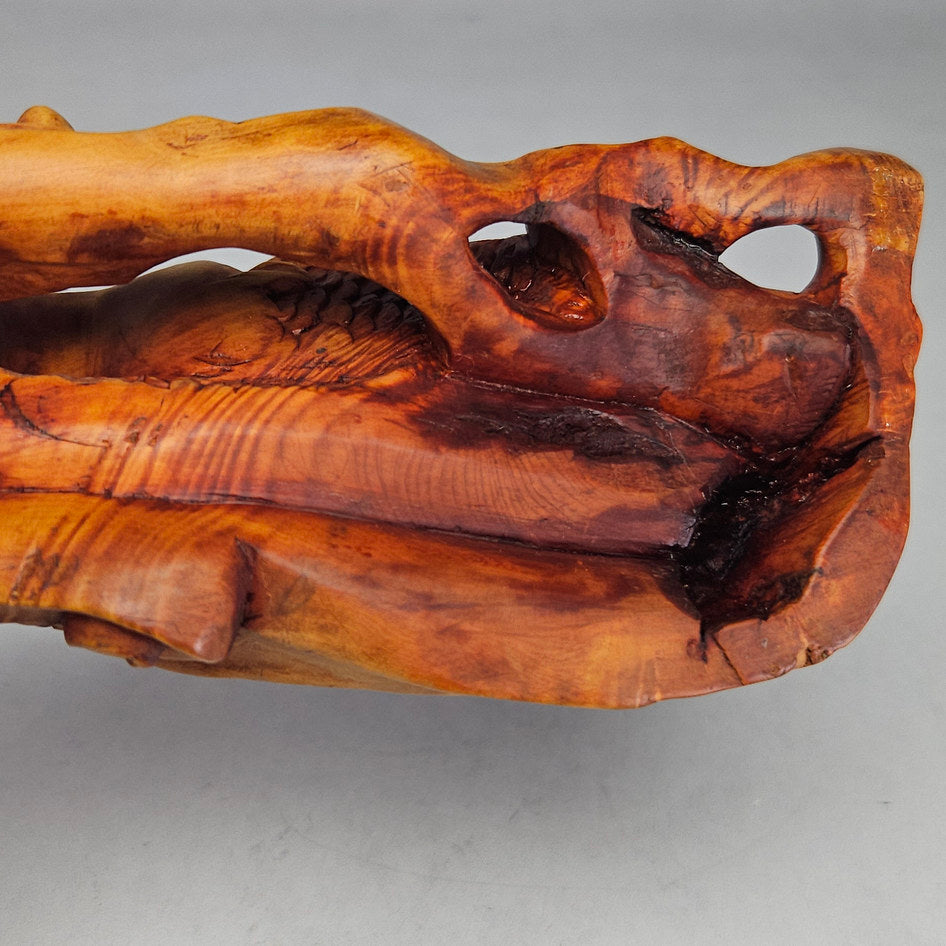 Antique Hand-Carved Wooden Water Dragon Incense Burner Sculpture