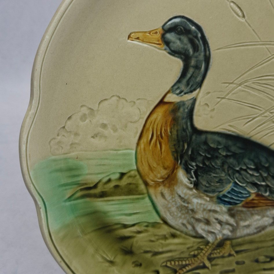 Antique Majolica Scalloped Display Plate with Game Bird Relief