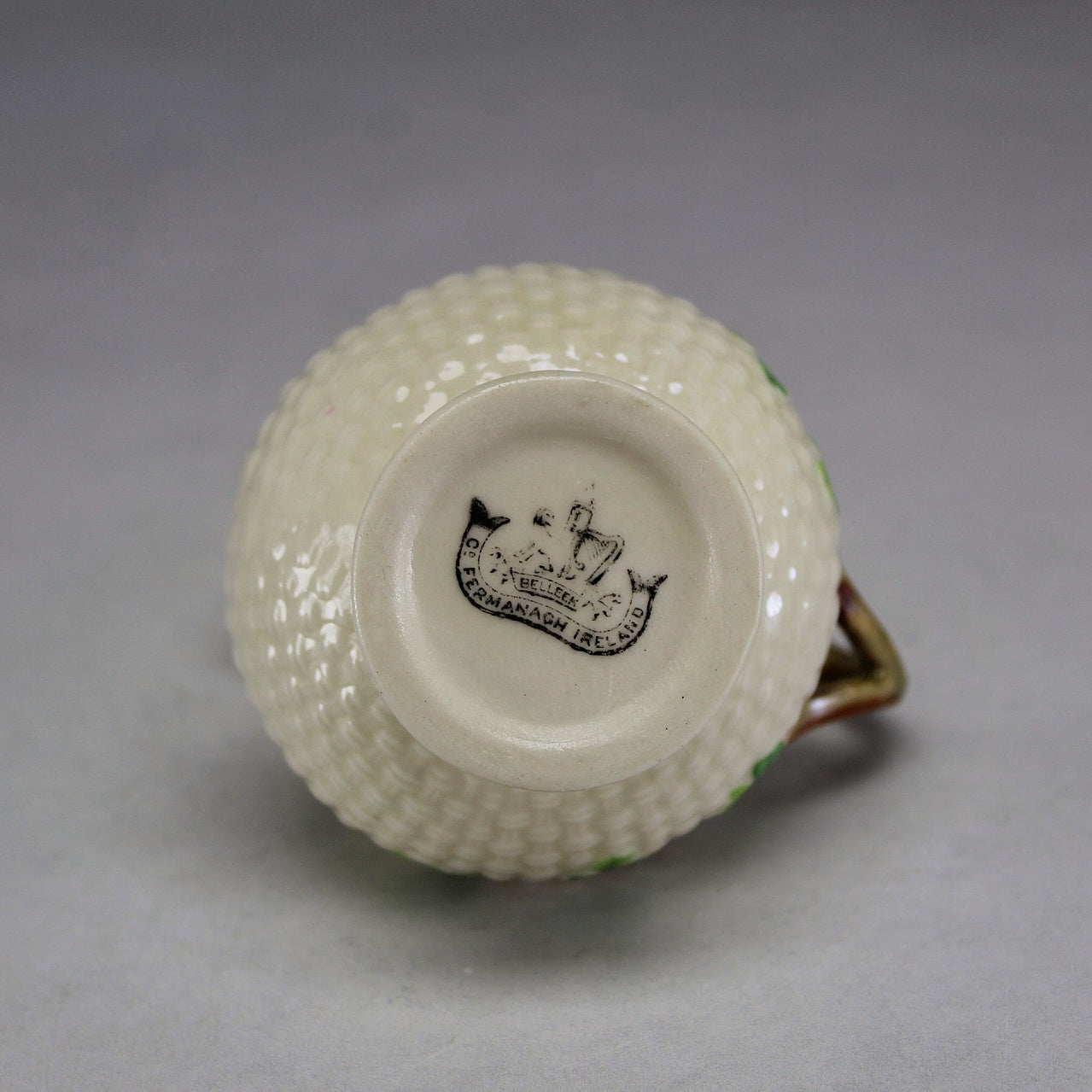 Belleek Ireland Cream Basket Weave Creamer with Green Shamrocks (Second Mark)