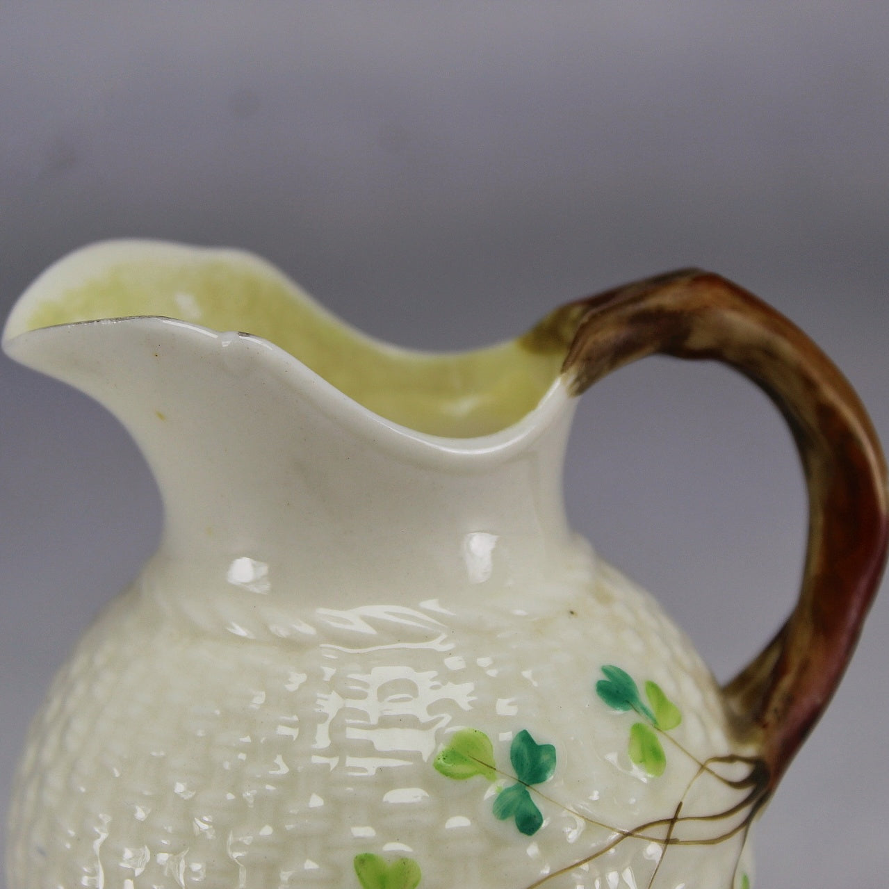 Belleek Ireland Cream Basket Weave Creamer with Green Shamrocks (Second Mark) II