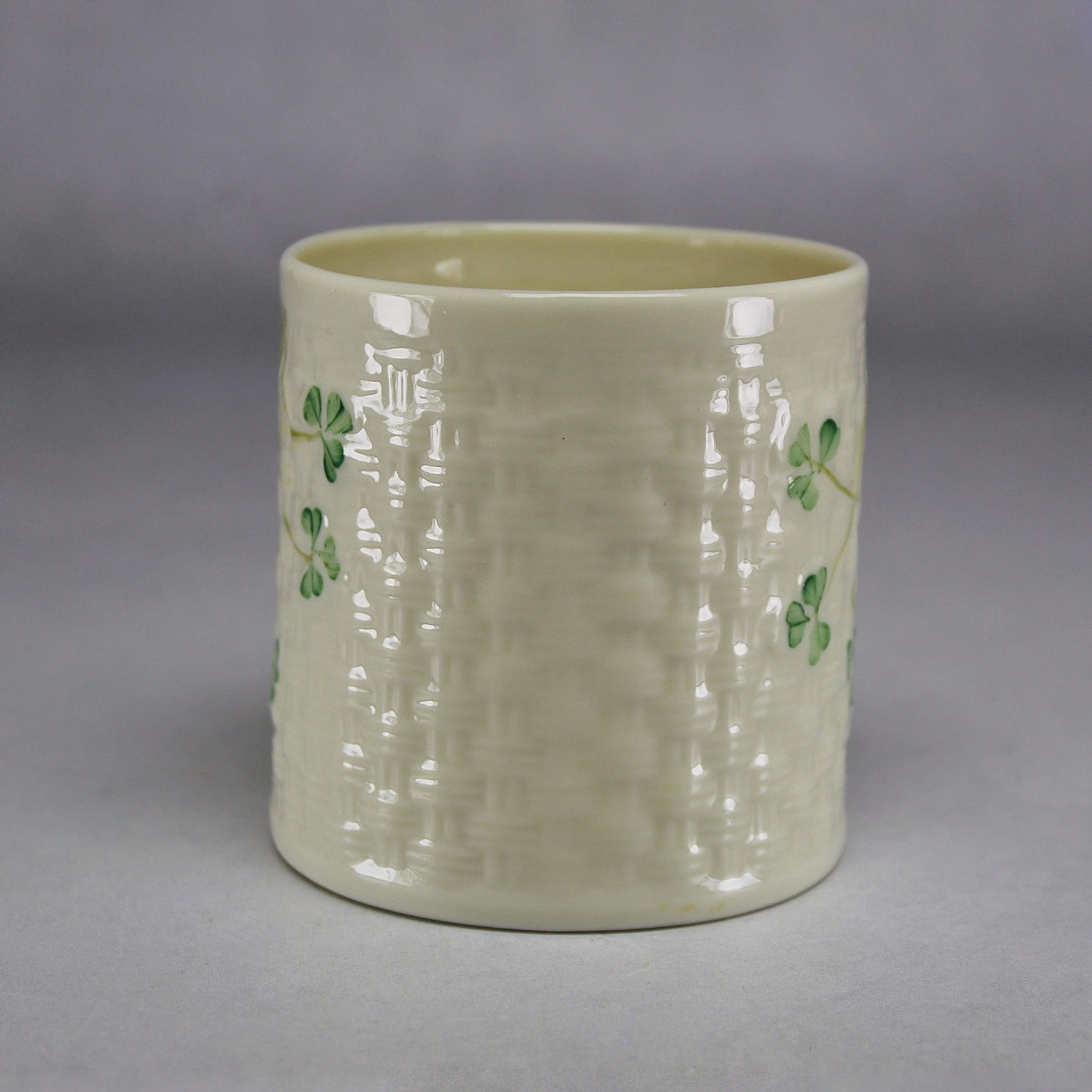 Belleek Ireland Cream Basket Weave Vase with Green Shamrocks (First Gold Mark)