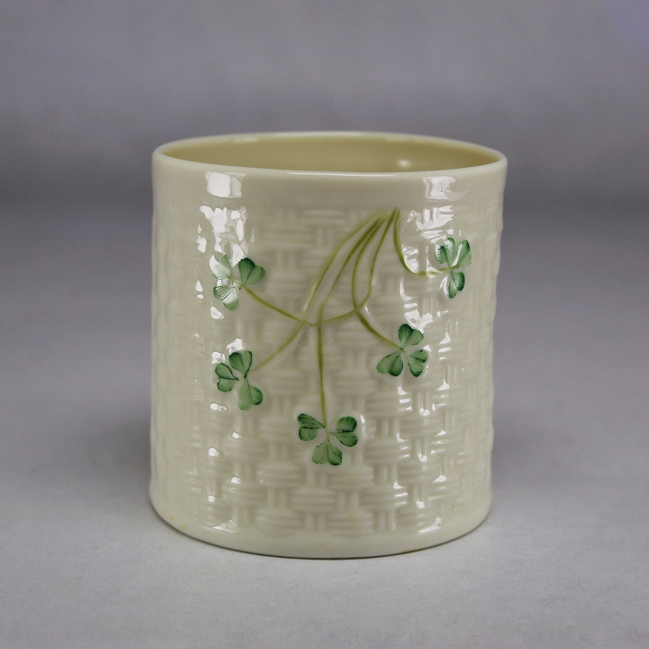 Belleek Ireland Cream Basket Weave Vase with Green Shamrocks (First Gold Mark)