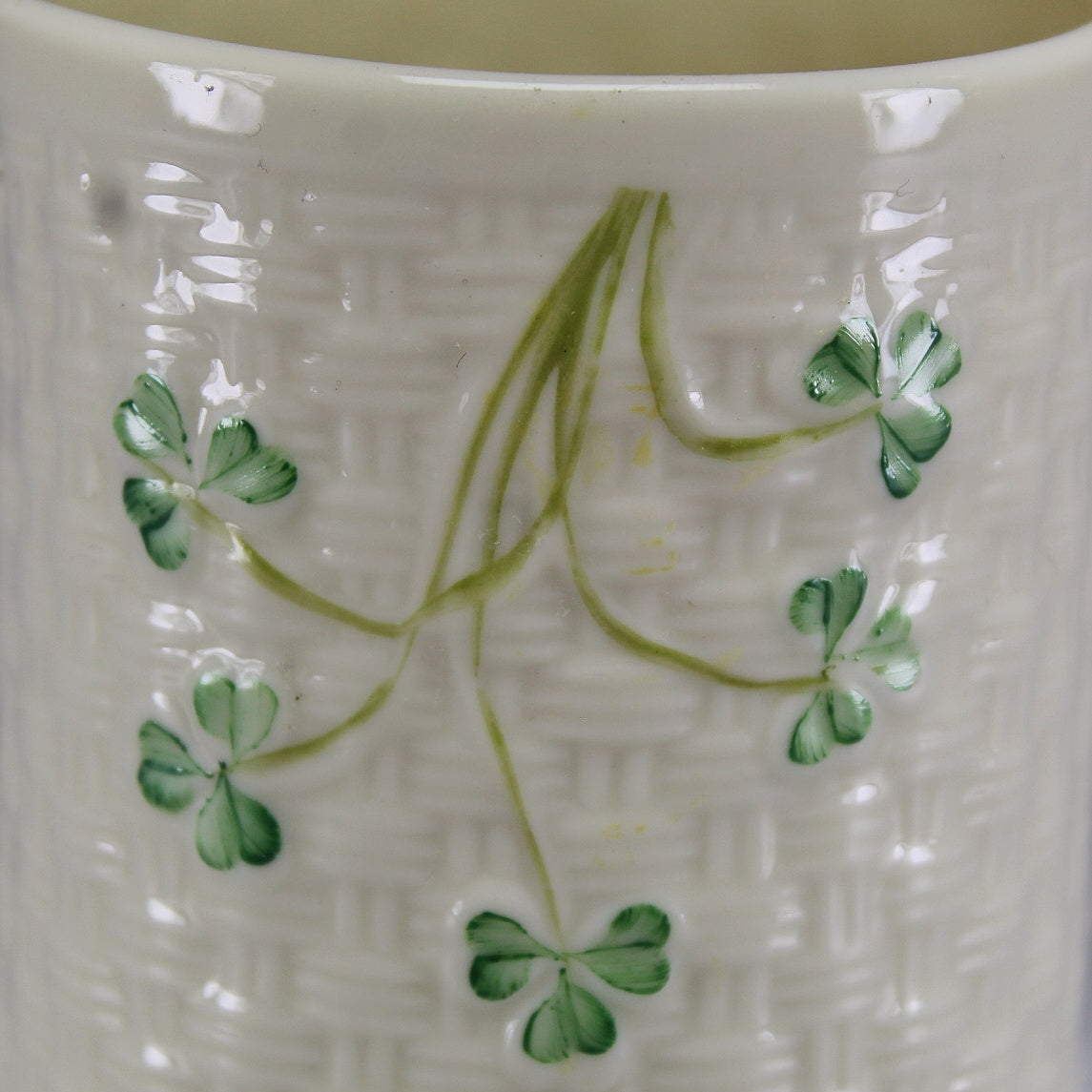 Belleek Ireland Cream Basket Weave Vase with Green Shamrocks (First Gold Mark)