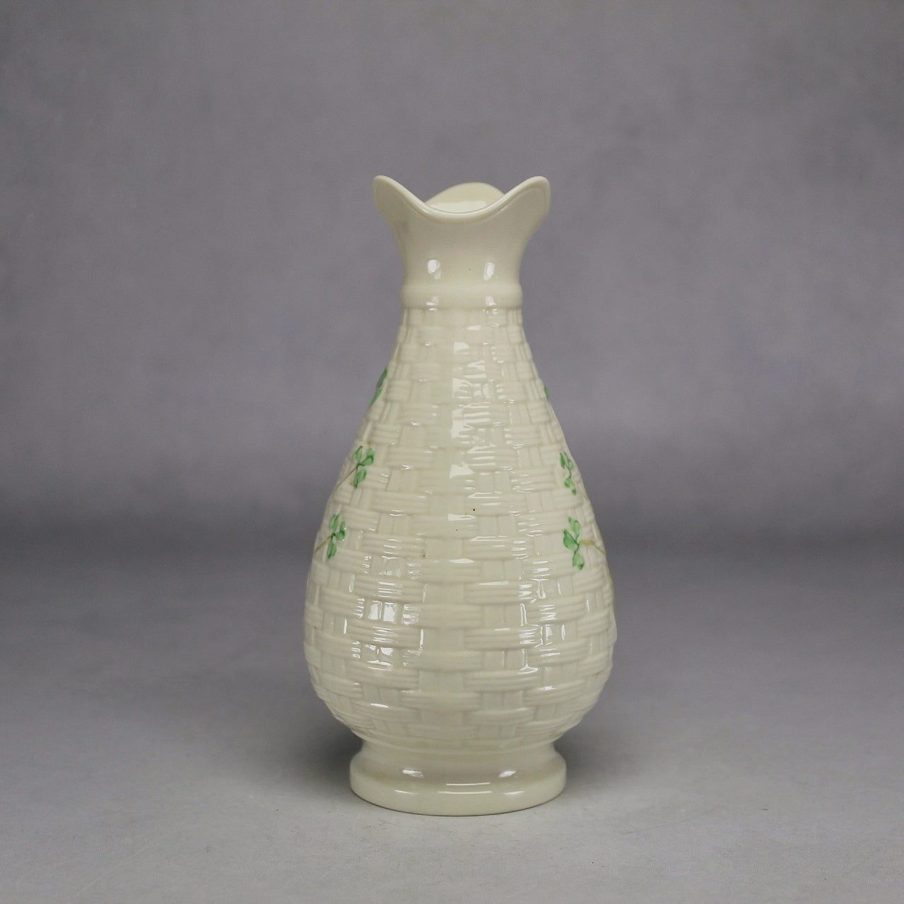 Belleek Ireland Cream Basket Weave Vase with Green Shamrocks and Fluted Neck