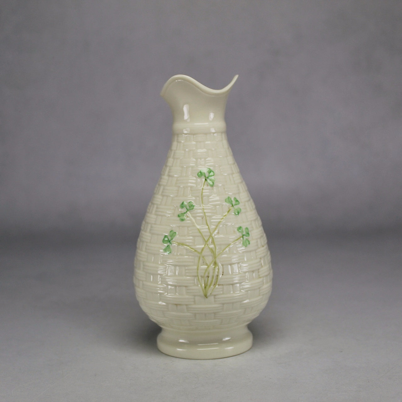 Belleek Ireland Cream Basket Weave Vase with Green Shamrocks and Fluted Neck
