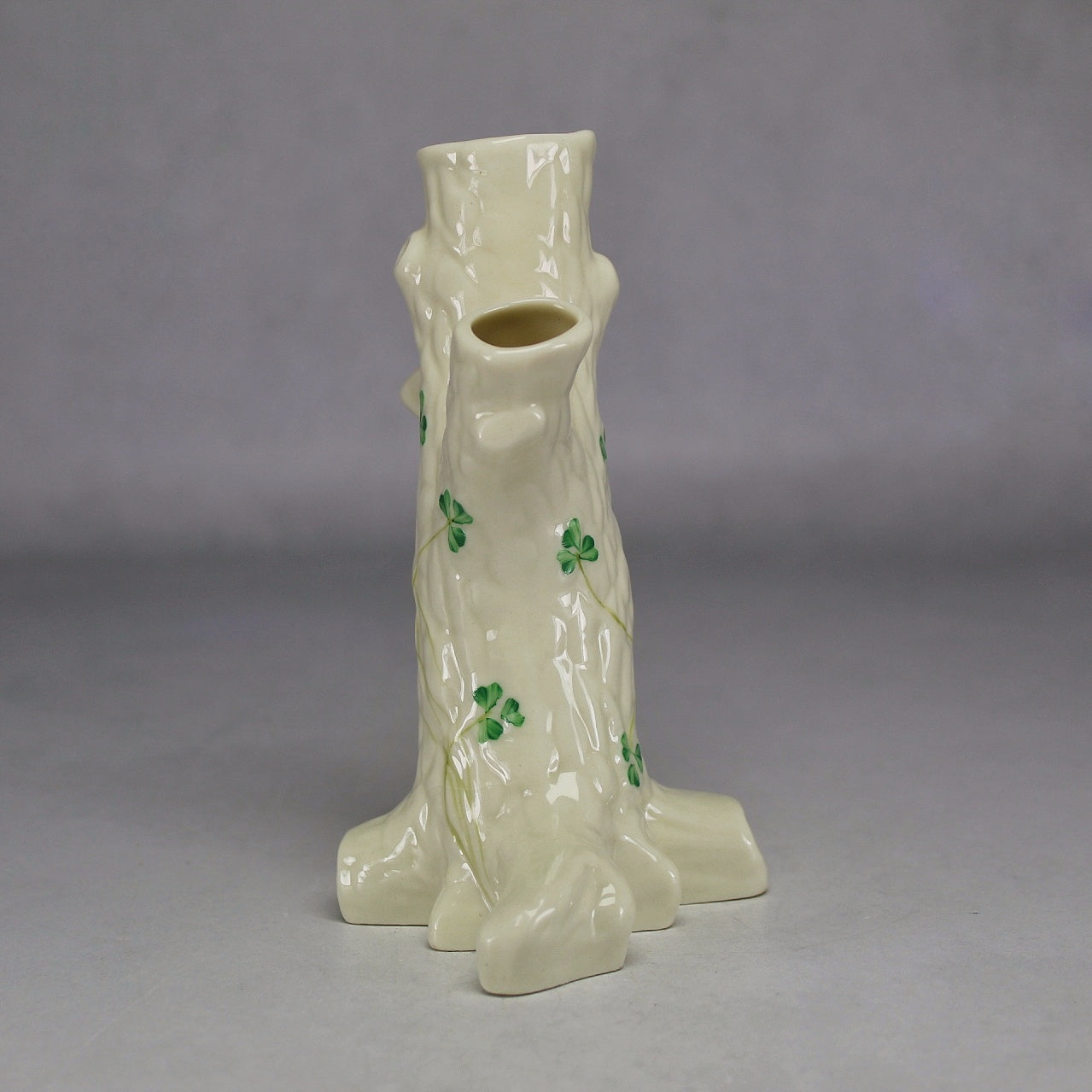 Belleek Ireland Cream Tree-Stump Spill Vase with Green Shamrocks (Seventh Mark)