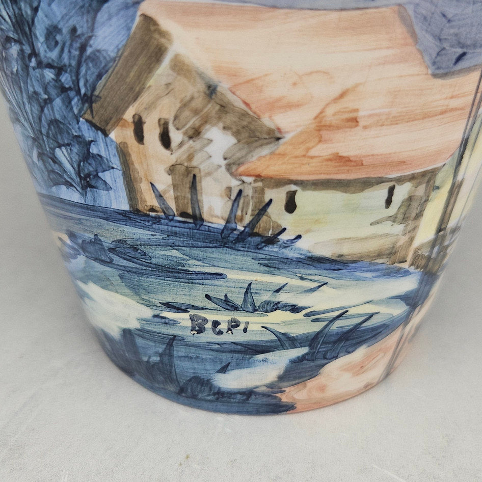 Bepi Signed Hand-Painted Landscape Ceramic Vase