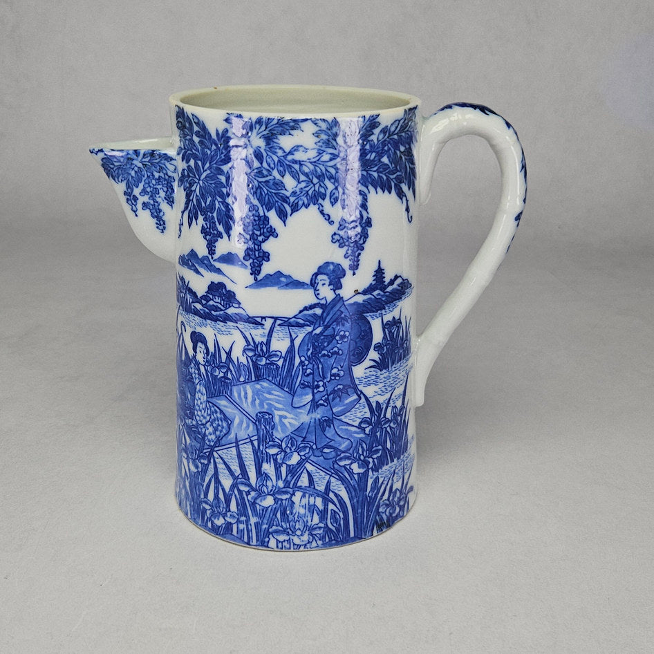 Blue and White Chinoiserie-Style Japanese Scene Ceramic Jug
