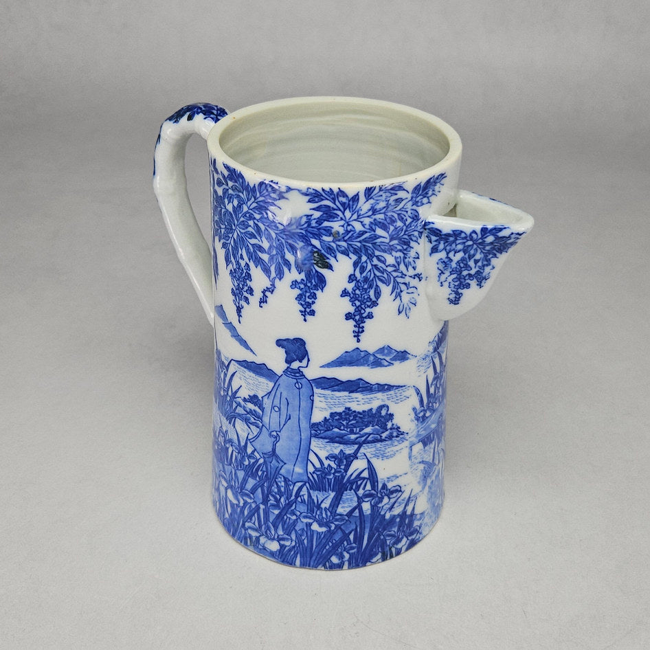 Blue and White Chinoiserie-Style Japanese Scene Ceramic Jug