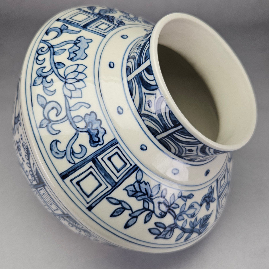 Blue and White Geometric Floral Lidded Ginger Jar
