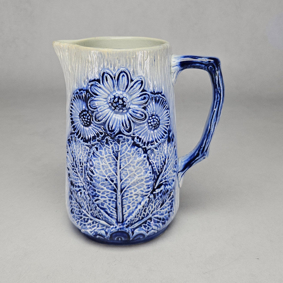 Blue and White Majolica-Style Relief Floral Ceramic Jug